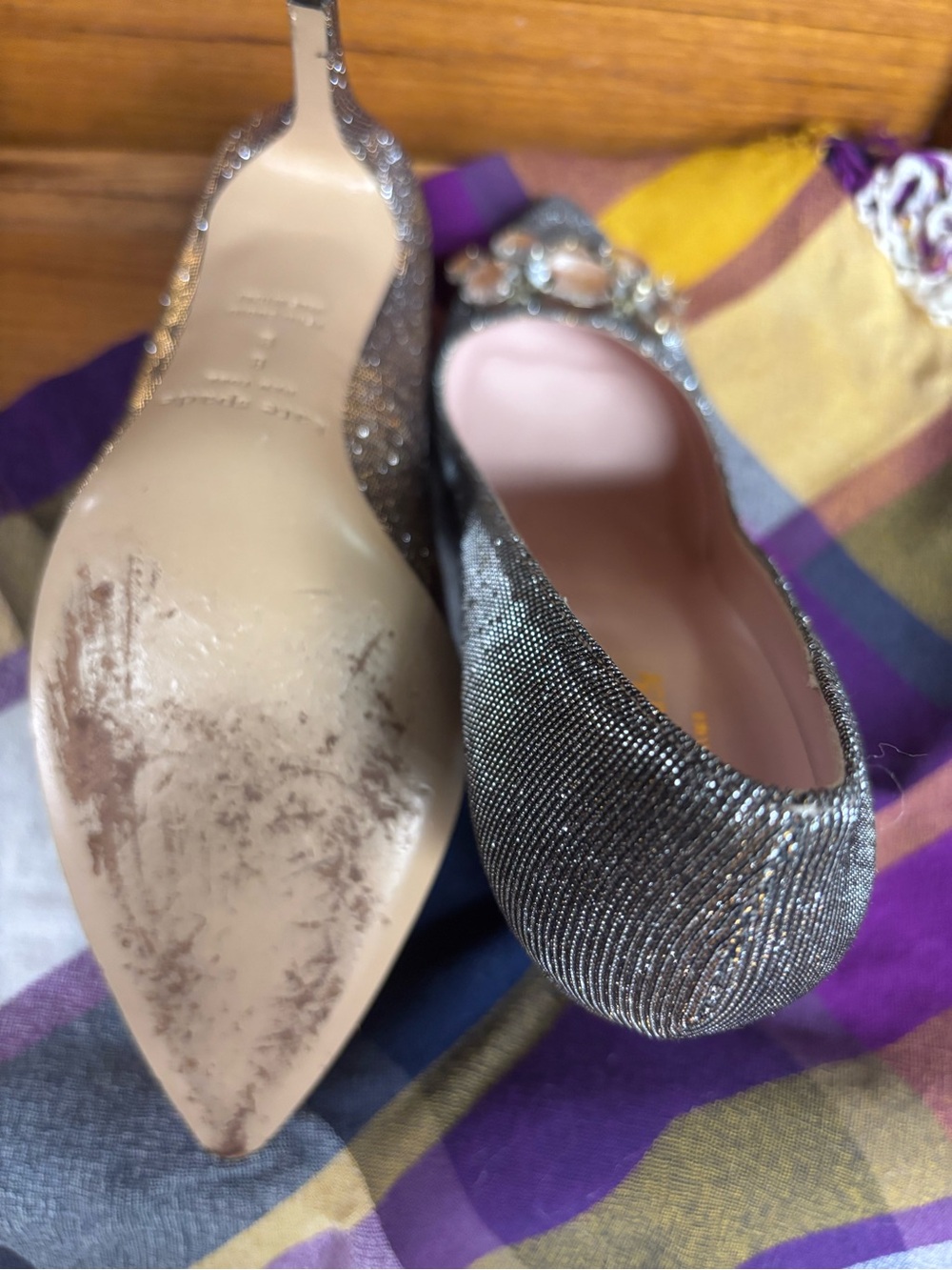 kate spade Gold Glitter Jeweled Pointed-Toe Pumps with Crystal Accent - Picture 9 of 10